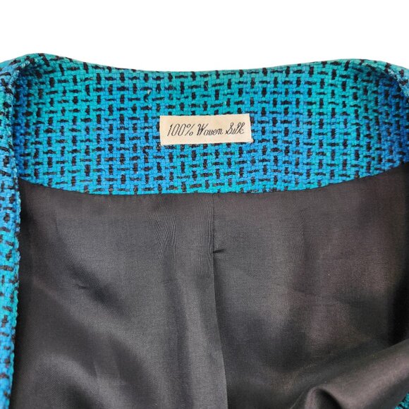 Ann May VTG Silk Blazer Teal Green Sz 14 '80s Shoulder Pads Faux Pockets - Picture 12 of 12
